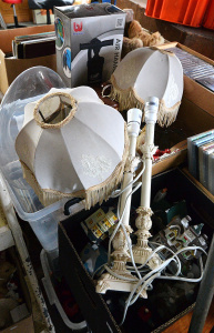 Lot 060 - 3 x Boxes Mixed inc Lamps, Lamp Shades, Glass Bowls, Stemware, Stonewa