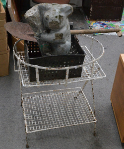 Lot 064 - Vintage garden items inc cement koala lawn ornament, metal mesh pot st
