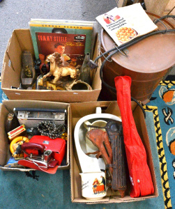 Lot 073 - 3 x Boxes plus inc Copper Fowlers Vacola, LPs, Binoculars, Pastor Pota