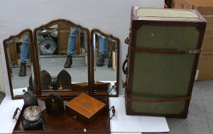 Lot 081 - Vintage lot inc leather and canvas bound suitcase, 3 piece folding van