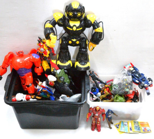 Lot 082 - 2 boxes of toys inc Marvel action figures, group of Pokemon cards, Ava