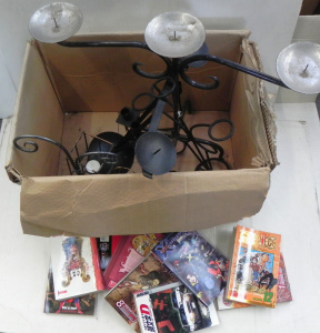 Lot 088 - Mixed lot of candlesticks inc wrought iron candelabra (59cm W) etc, ma