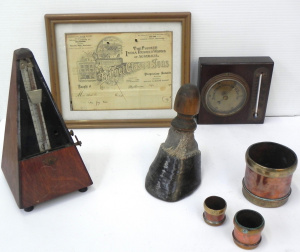 Lot 113 - Group vintage inc Metronome, Copper & Brass Measures, horse taxide