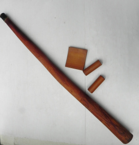 Lot 137 - Vintage redgum didgeridoo (130cm L) + Tasmanian Huon Pine roller card