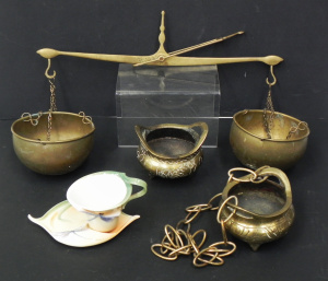 Lot 144 - Mixed vintage lot inc brass balance scales (41cm W), pair of oriental