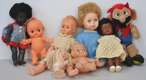 Lot 153 - Box vintage Dolls & Soft Toy inc Rubber Kewpie dolls, Squeaky musi