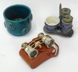Lot 163 - 3 pces inc Brass & Mother of Pearl Binoculars, Italian Teal Glazed