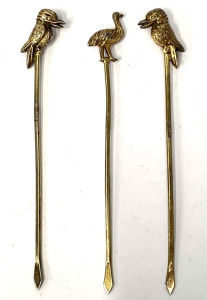 Lot 179 - 3 x Australian Sterling Silver Figural Cocktail Picks - Gilt washed -