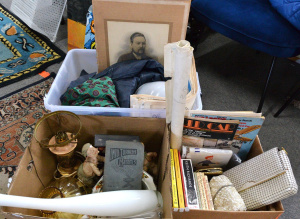 3 x boxes mixed items - 1970s Ladies Blue Leather Trenchcoat, Mens Paisley Robe,