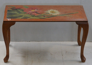 Lot 004 - Vintage teak folk art side table with flowing cactus decoration, cabri