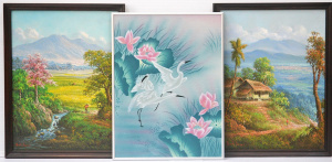 Lot 023 - 3 x Framed Oriental Paintings - pair Landscape oils signed lower left