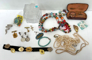 Lot 030 - Grp - Tiffany crystal bow box af, pearls, silv Turq Bracelet, WW2 badg