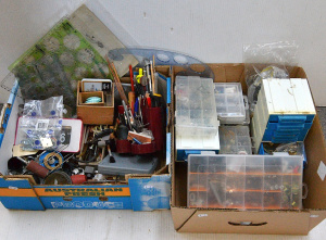 Lot 042 - 2 x Boxes Mixed inc Hardware - Plastic small parts organisers, Desk Ti