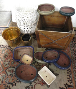 Lot 043 - Group lot of Planters inc Ceramic Glazed Bonsai pots, Pair Painted Lat