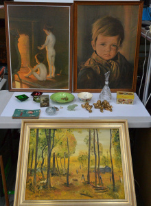 Lot 058 - Mixed vintage lot inc paintingsprints, jade water buffalo, daisy patte