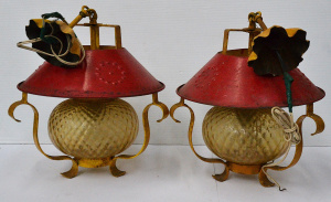 Lot 060 - Pair of over-painted 1970s amber glass hanging lantern light fittings
