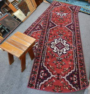 Lot 066 - Vintage oak milking stool - 36cm H + pair of Persian style hall runner