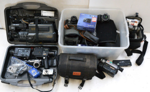 Lot 067 - Box lot + of video and camera equipment inc Panasonic M10 VHS video ca