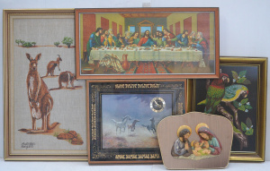 Lot 074 - Group of vintage kitsch framed wall art + plasterware deep relief of b