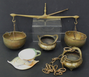 Lot 127 - Mixed vintage lot inc brass balance scales (41cm W), pair of oriental