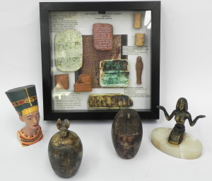 Lot 145 - Group lot Egyptian themed Items inc Knelling Brass Women mounted on On