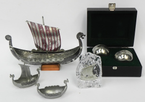 Lot 149 - Group lot Norwegian Pewter items inc Viking Ship mounted on wooden pli