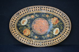 Lot 167 - Victorian oval Cribbage board - Hand Painted floral motifs to centre-