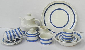 Lot 179 - Group lot Part Teaset + extras Vintage Blue & White banded Cornish