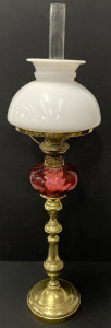 Lot 188 - Victorian Brass Oil Lamp - Brass column with small ruby glass font - s