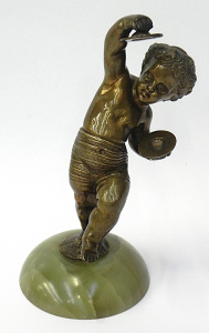 Lot 208 - Vintage Cast Bronze - Cherub Playing cymbals mounted to circular onyx