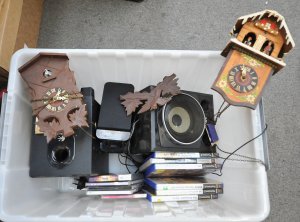 Lot 013 - Mixed Box incl 2 x AF German Wooden Cuckoo Clocks, Assorted Video game