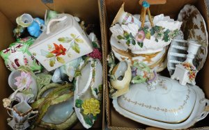 Lot 014 - 2 x Boxes Victorian ceramics inc Vases, Tureens, Cabinet plates, Baske