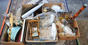 Lot 030 - 5 x Boxes Mixed inc Wall Mirror, Stemware, Ceramics, Glass, Lightshade