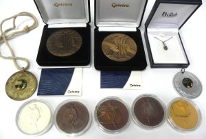Lot 035 - Group lot of assorted items inc, 2 x Bronze Telstra Service Medal desi