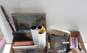 Lot 069 - 2 x boxes Mixed Items - Vintage Ephemera, Oil Painting, Tribal carved