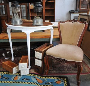 Lot 079 - Lot of Mixed Items incl 2 x vintage Tilly Lamps, White Painted Hall Ta