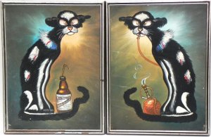 Lot 091 - Artist Unknown (Agumar, 1970s Philippines) Pair Framed Quirky Oil Pain
