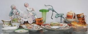 Lot 097 - Lge group mainly vintage china incl German bisque carriage, Noritake c