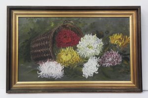 Lot 119 - Artist Unknown Framed c1912 Oil painting - A Spill of Chrysanthemums -