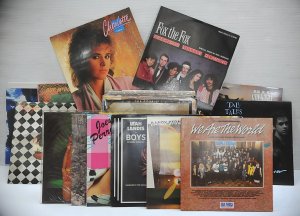 Lot 155 - Box lot of 80s pop vintage vinyl LP records inc We Are the World, Meli