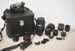Lot 156 - Vintage cased 35mm camera kit inc Asahi Pentax SP Sportmatic camera, c