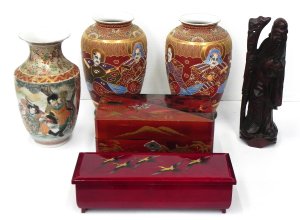 Lot 167 - Oriental decorative group inc 3 Satsuma style vases (a pair of which o