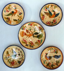 Lot 180 - 5 pce Set Majolica signed Hungarian Budapest Pottery wall plates all w