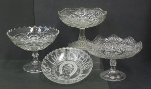 Lot 185 - Vintage pressed glass equestrian themed Good Luck dish + 3 x pressed g