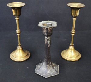Lot 190 - 3 x Vintage Candlesticks inc Pair Brass 17cm H & Japanese Hexagona