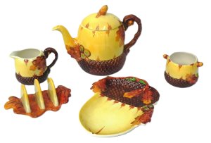 Lot 198 - 5pces 1950s Burleigh Ware Acorn Pattern inc Teapot, Toast Rack, Servin