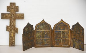 2 x Vintage Russian Orthodox cast Bronze Religious items - 4 Panel Folding Trave