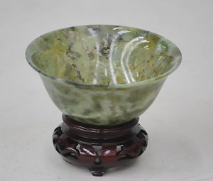Chinese Spinach Jade Bowl with carved wooden stand approx 10cm D