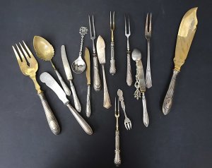 Group lot of Vintage Cutlery mostly marked 800 Silver inc Fish Carving set with