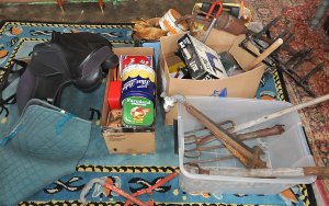 Lot of Mixed Tools, Hardware & Saddle incl Kincade Black Leather Saddle w St